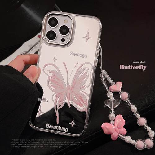 镜面适用苹果17pro max手机壳粉色蝴蝶挂绳iphone13油画14温柔16