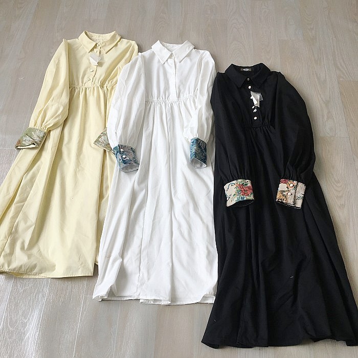 女装日单纽扣套头松紧腰A字型长款长袖纯色棉质女春夏简约连衣裙