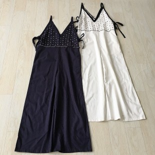 连体衣裤 简约休闲百搭女夏季 日单吊带刺绣纯色棉麻宽松阔腿裤 女装