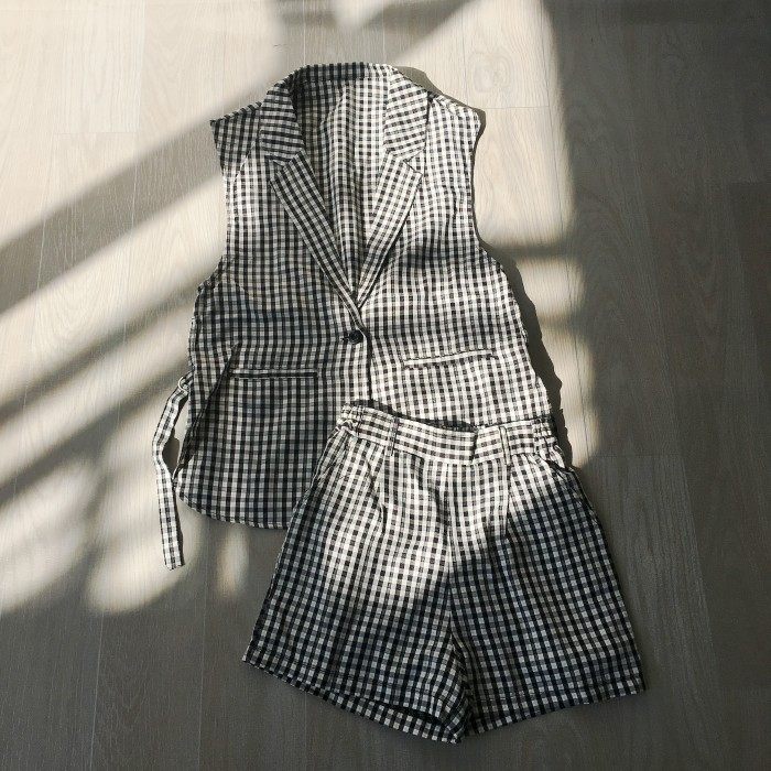 女装日单西服领无袖格子口袋搭扣时尚套装