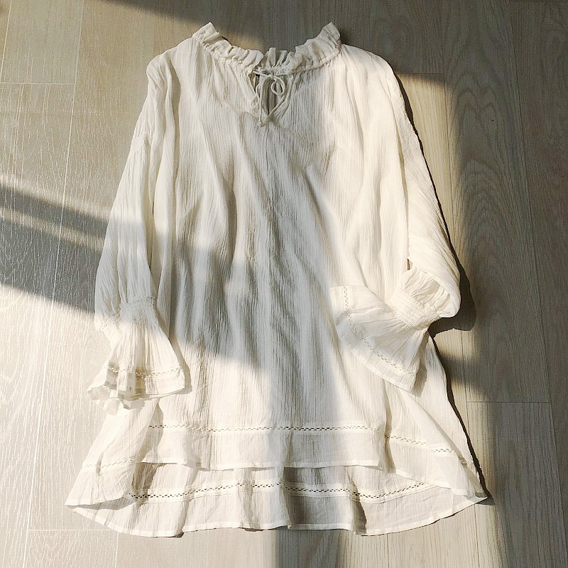 女装日单木耳边领口抽绳泡泡喇叭袖宽松外搭透视纯棉长袖夏季衬衫