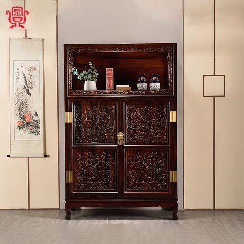 金鼎红木【王款：雕花万历柜】刀状黑黄檀亮格柜雕花储物中式书柜 - 封面