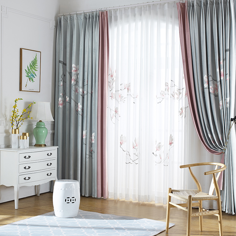 新中式窗帘创意手绘玉兰花植绒布客厅卧室高档禅意中国风窗纱定制