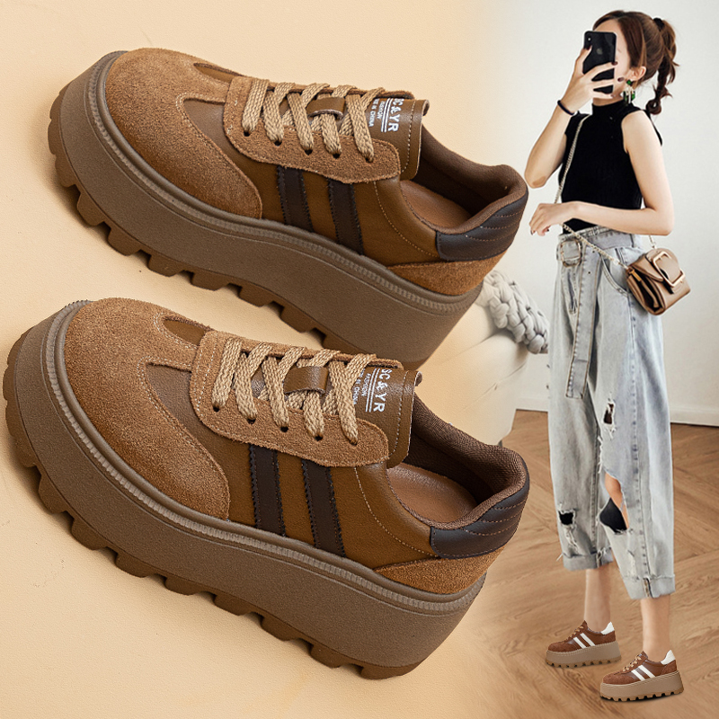 厚底德训鞋女松糕圆头真皮显瘦