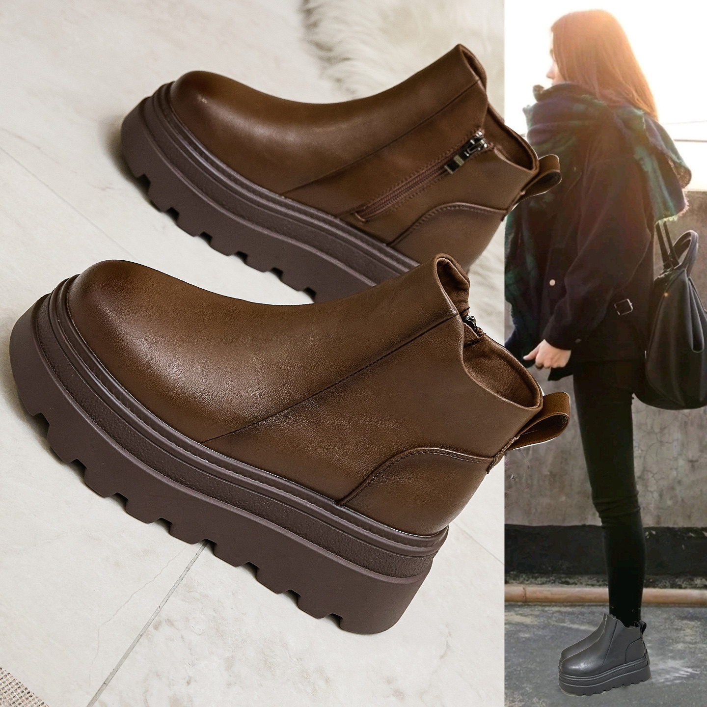 厚底短靴女2025新款冬季加绒小个子增高英伦风低帮巨好看的马丁靴,女鞋,马丁靴,淘宝优惠券,粉丝福利购,淘宝优惠卷