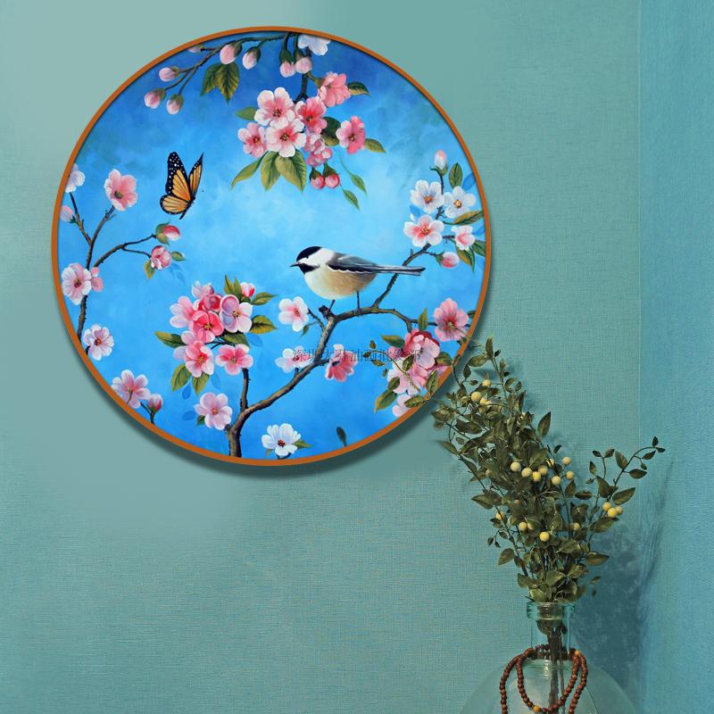 玄关挂画纯手绘油画圆形画花鸟装饰画新中式圆形挂画喜鹊登梅壁画图片
