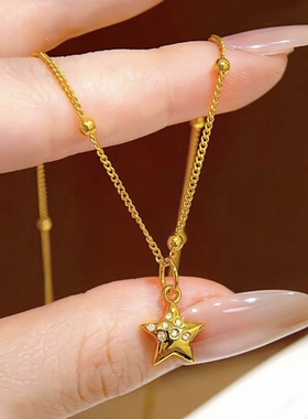 新中式沙金镶钻星星吊坠项链五角星高级感百搭精致轻奢送女友饰品