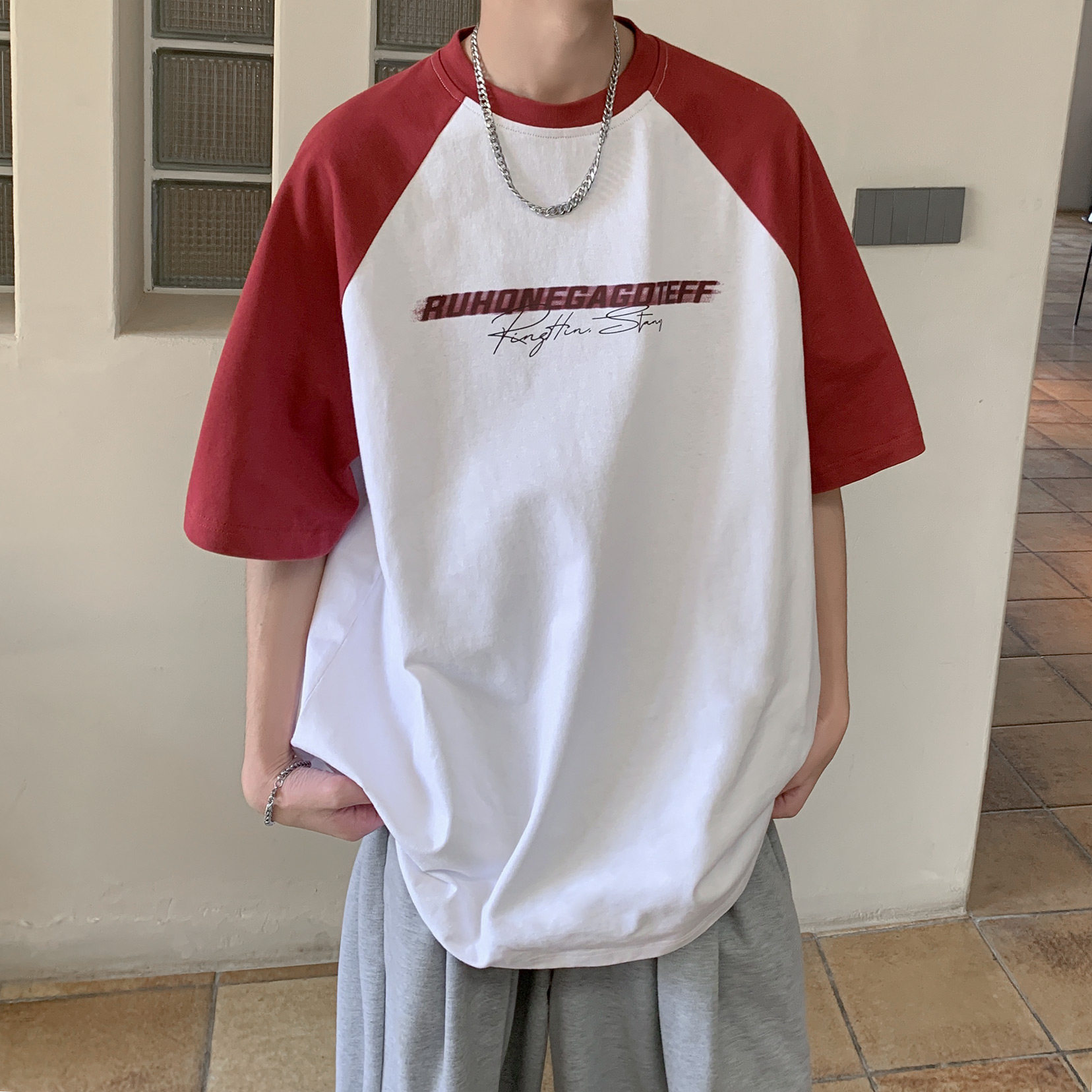 潮流插肩袖拼色设计圆领短袖T恤A425-T5072-P48控59面料棉，男装T恤，电商A425