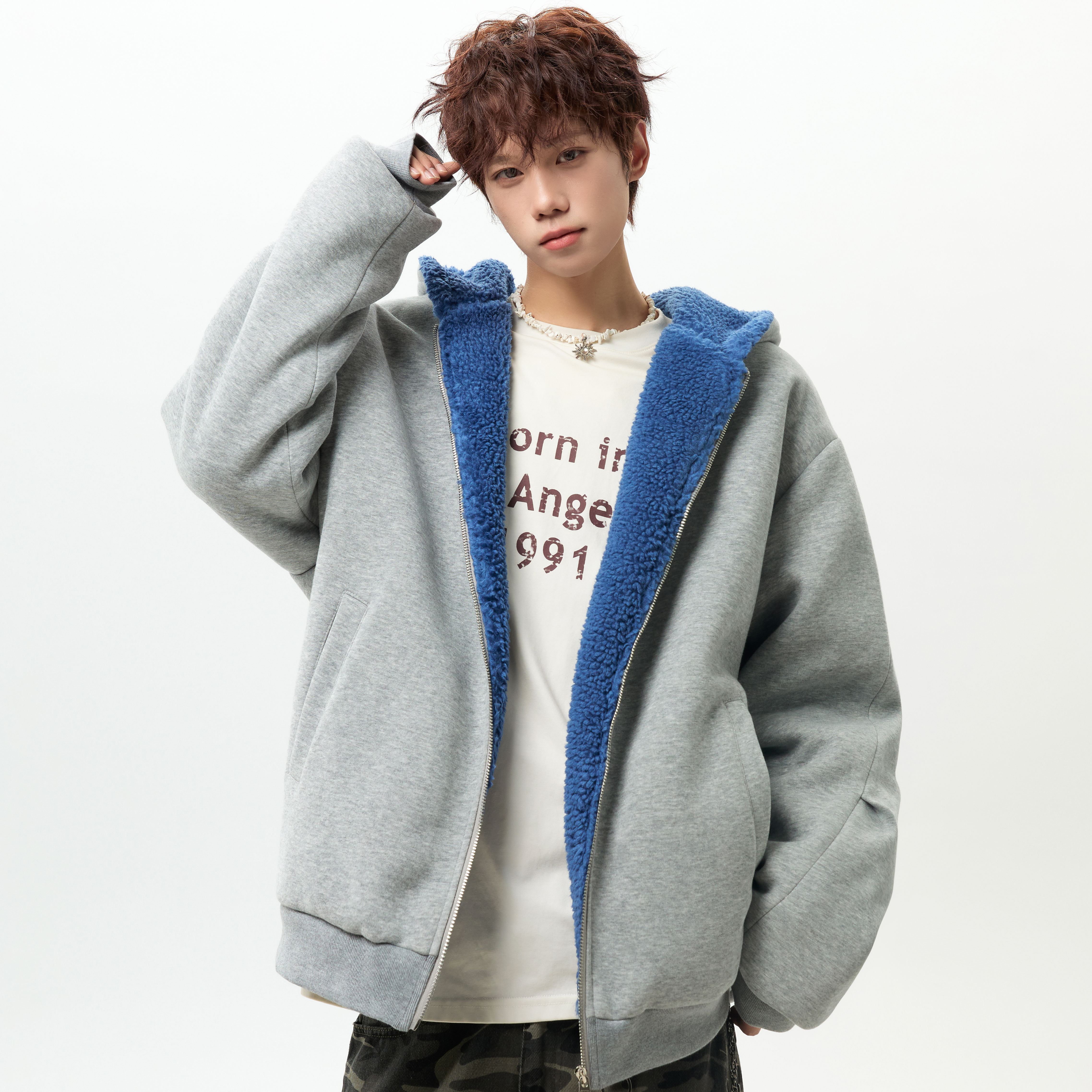 潮流撞色羊羔毛毛内连帽外套A425-Y530-p80，女装短外套，电商A425