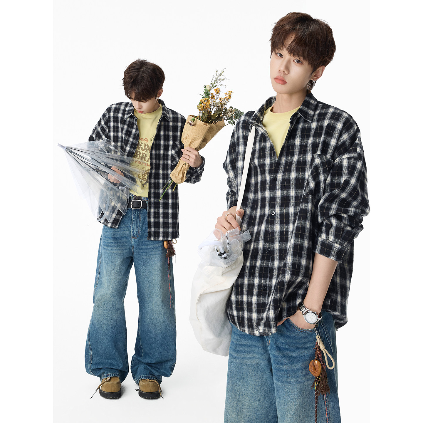 潮流日系格纹长袖衬衫翻领A425-C2735-P55控79面料棉，男装衬衫，电商A425