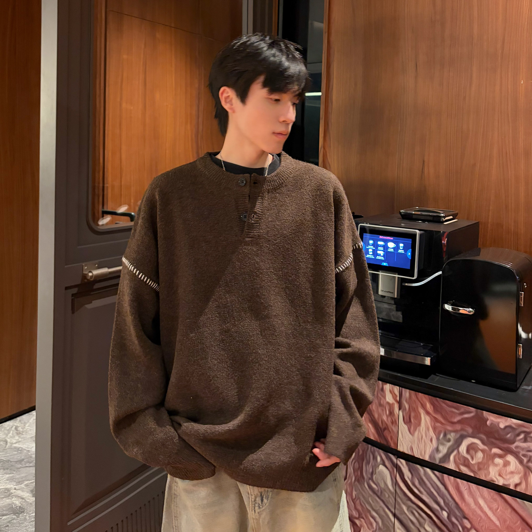 潮流手缝线圆领半门襟毛衣A425-M26650-P98控118面料聚酯,男装针织衫/毛衣,电商A425