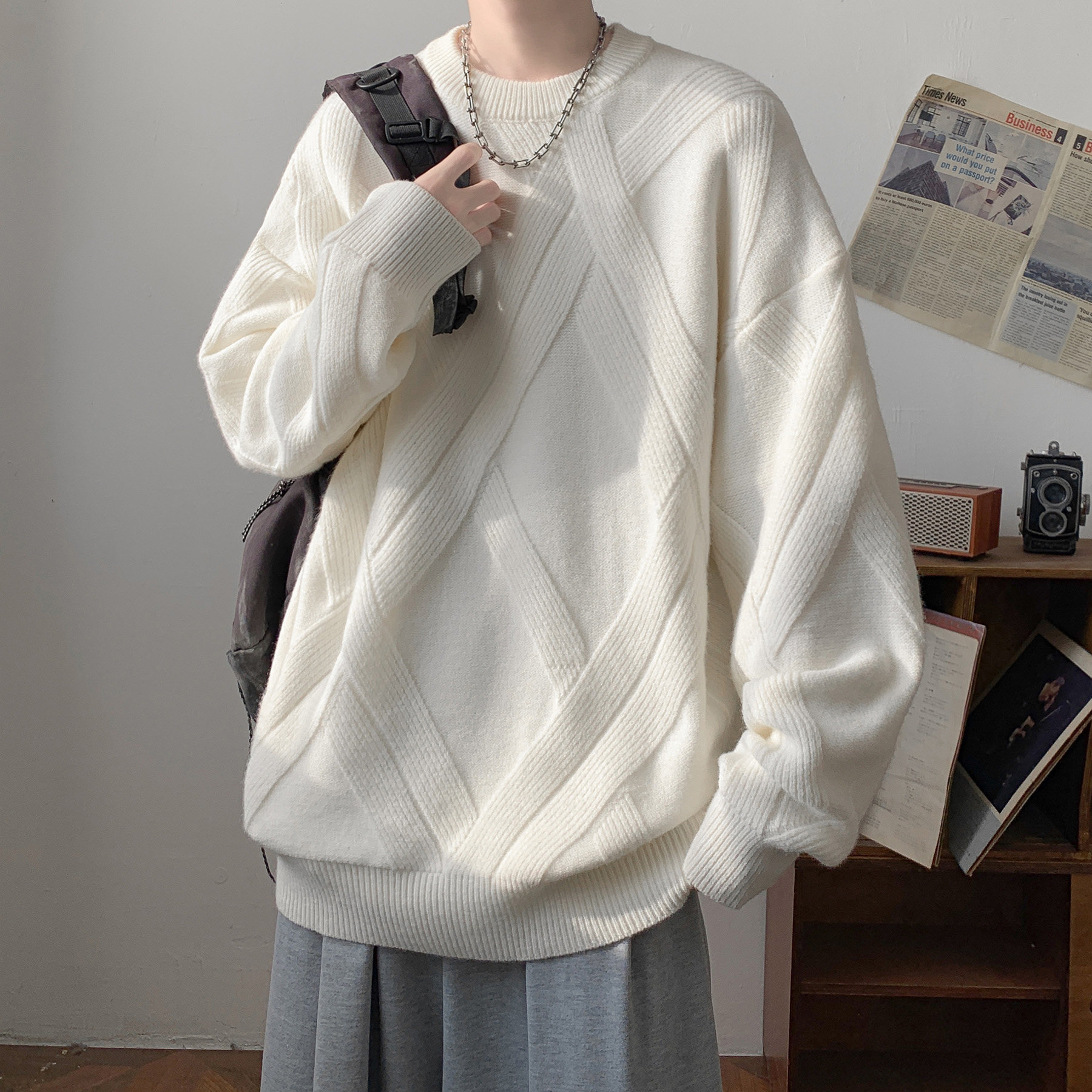 潮流简约菱形纹圆领毛衣A425-M26615-P78控98面料聚酯,男装针织衫/毛衣,电商A425