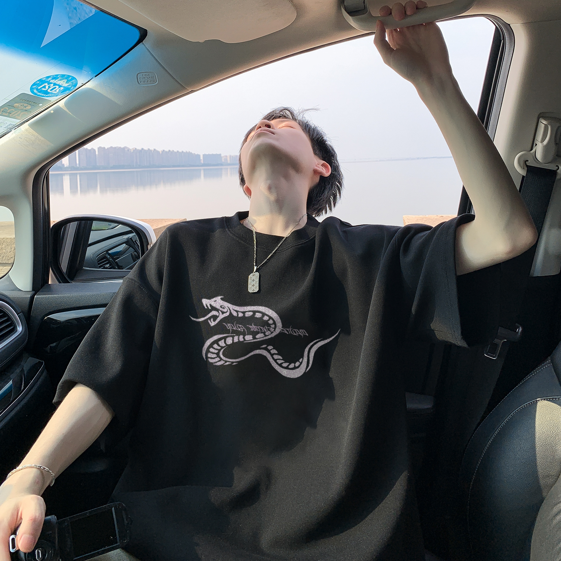 重磅纯棉小领口短袖T恤男夏季潮牌蛇纹印花宽松大码痞帅半袖体恤，商品下架区商品下架区，电商A425