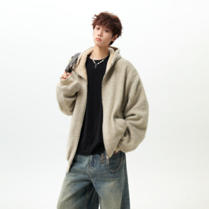 潮流条纹绒毛连帽外套棉服A425-Y532-P138控178面料聚酯图片