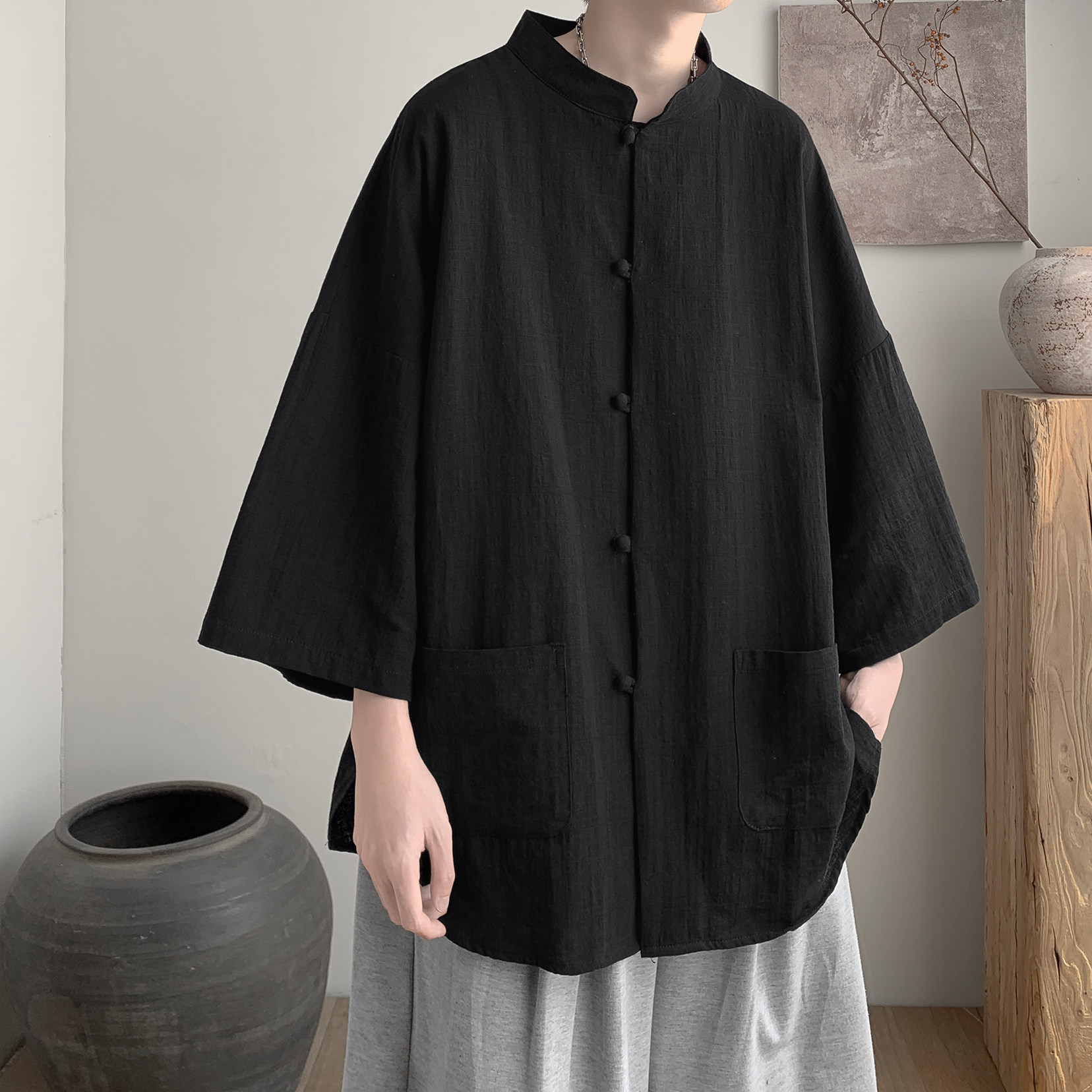 纯色新中式立领七分袖衬衫A425-C2758-p58控79面料棉,男装衬衫,电商A425
