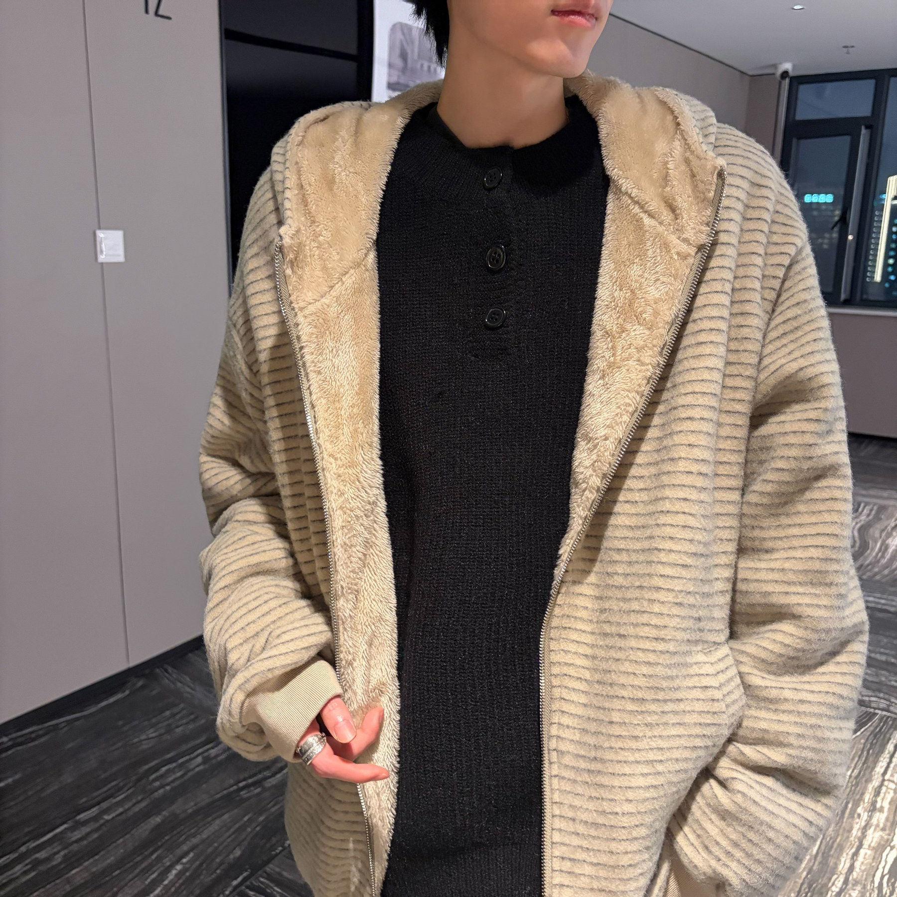 潮流条纹绒毛连帽外套棉服A425-Y532-P138控178面料聚酯,男装棉衣,电商A425