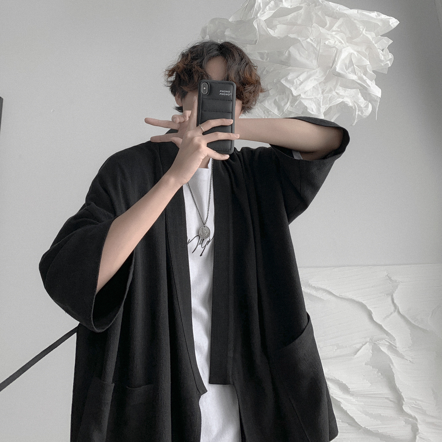 黑色短袖衬衫男装七分袖高级感中国风汉服外套新中式道袍,男装衬衫,电商A425