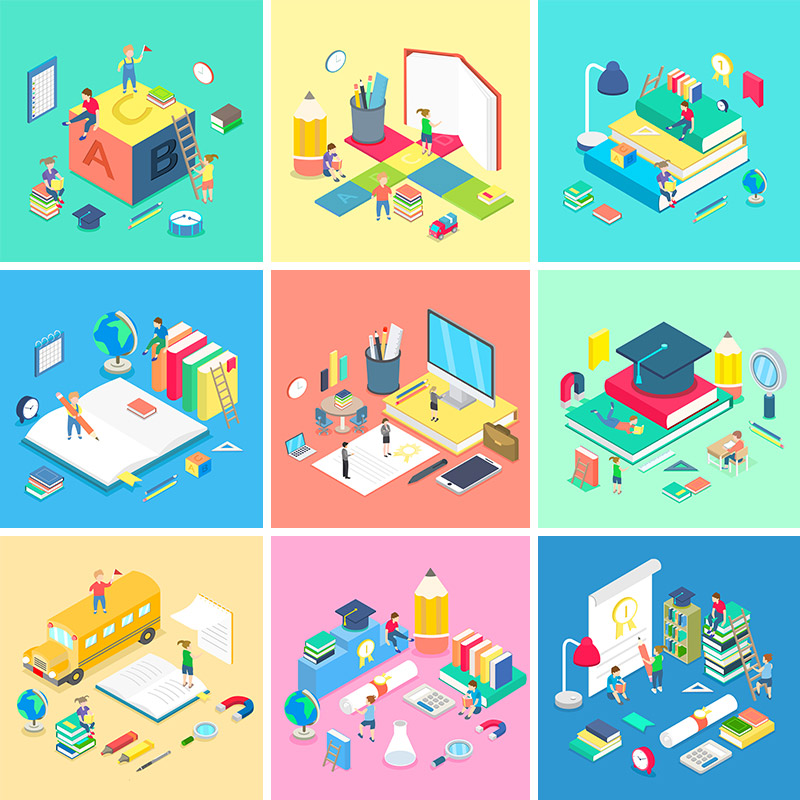卡通创意儿童学习教育阅读场景2.5D等距插图矢量设计元素材92518