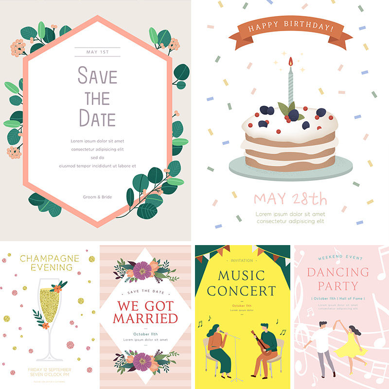 浪漫婚礼鲜花音乐庆祝蛋糕派对邀请函请柬AI矢量设计元素材92205