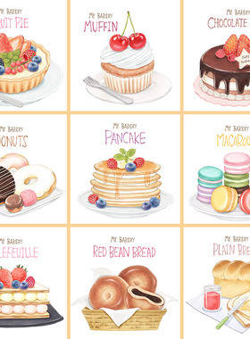 手绘餐饮美食甜品面包蛋糕甜甜圈马卡龙饼干插图PSD设计素材92603