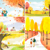 金色秋天红叶落叶幸福家庭郊游场景背景插图海报PSD设计素材10914