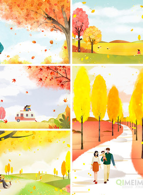 金色秋天红叶落叶幸福家庭郊游场景背景插图海报PSD设计素材10914