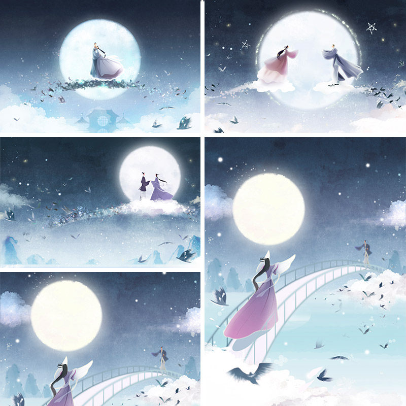 牛郎织女约会七夕鹊桥相会月亮喜鹊插图海报psd设计素材模板90506