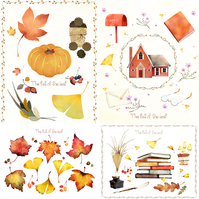 手绘秋季卡通树叶房屋松鼠路灯长椅插图背景PSD设计素材模板90707