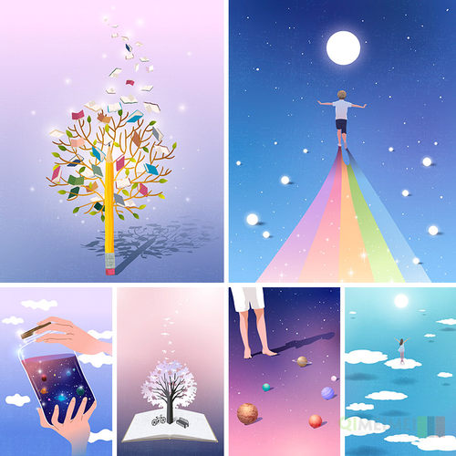 手绘梦幻漂流瓶智慧树星空宇宙彩虹插图海报矢量设计元素材81417