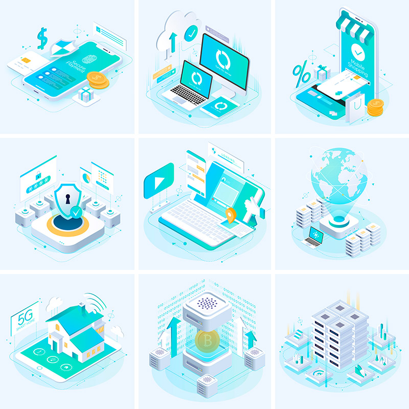 蓝色金融财务支付高科技网络2.5D等距矢量插图海报设计素材91719