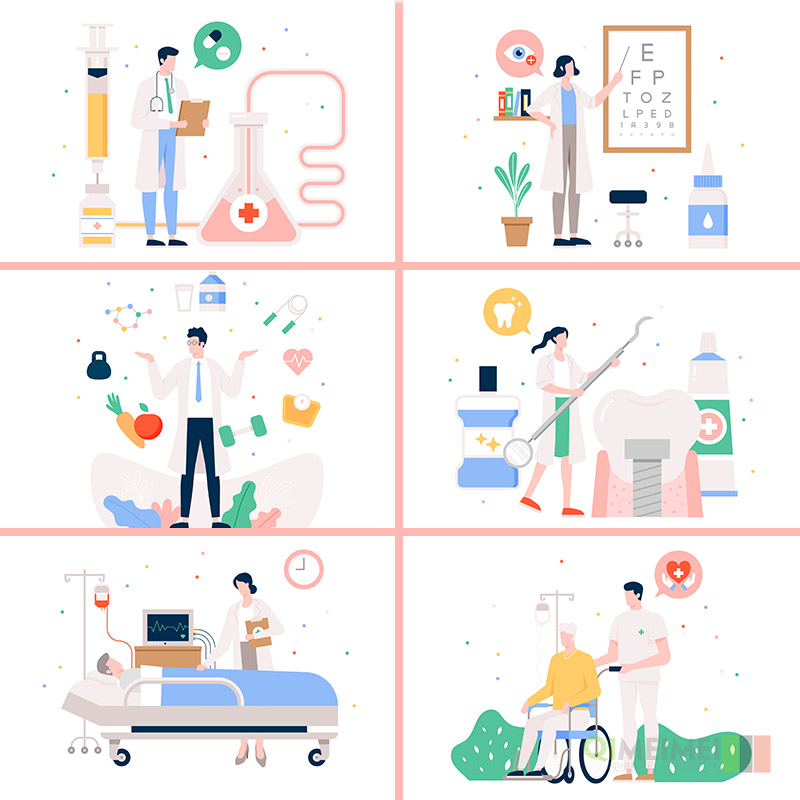 手绘卡通医学医疗健康牙齿眼睛疾病场景插图AI矢量设计素材102608