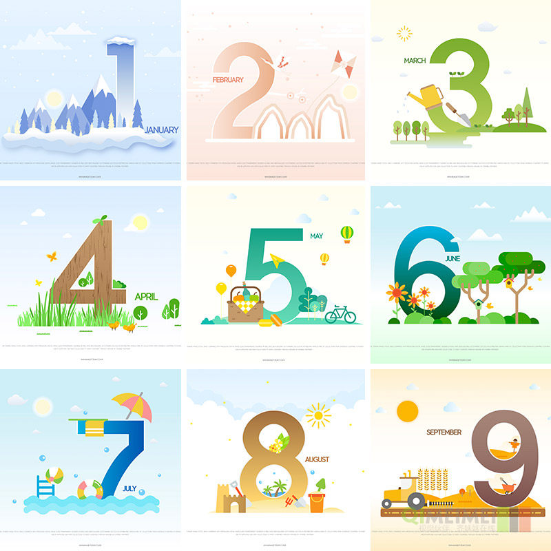 创意手绘四季风景春夏秋冬数字日历立体海报ai矢量设计素材970904