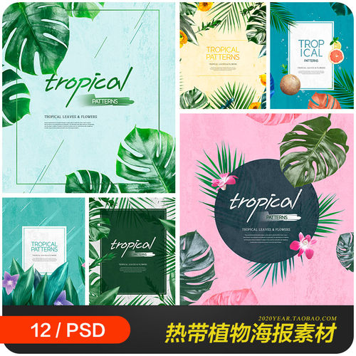 时尚夏天热带植物鲜花绿叶棕榈叶海报背景psd设计素材模板981604