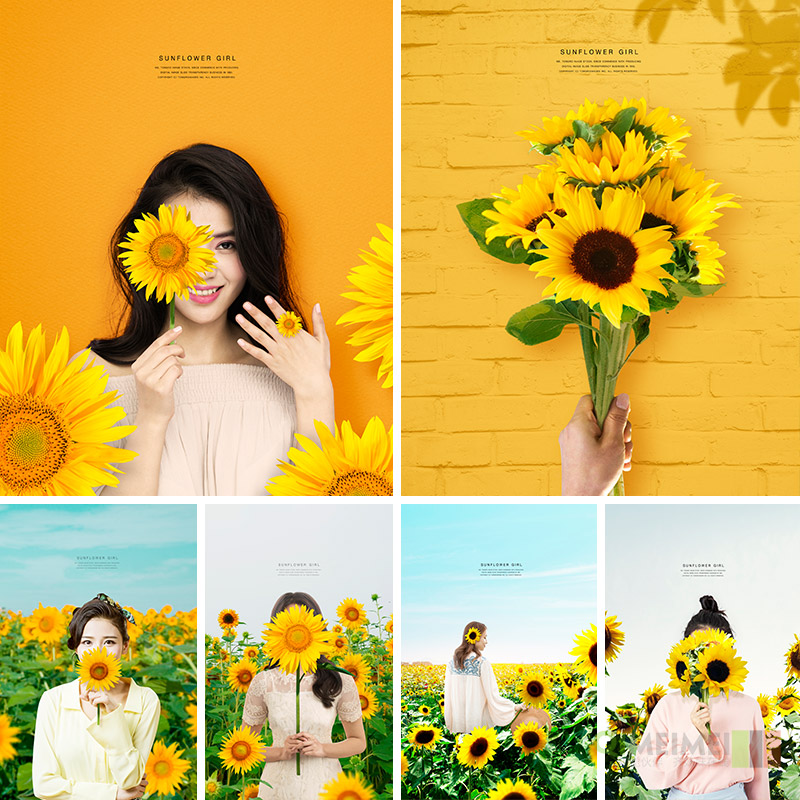 时尚女孩儿童微笑金黄色向日葵正能量海报背景psd设计素材952118