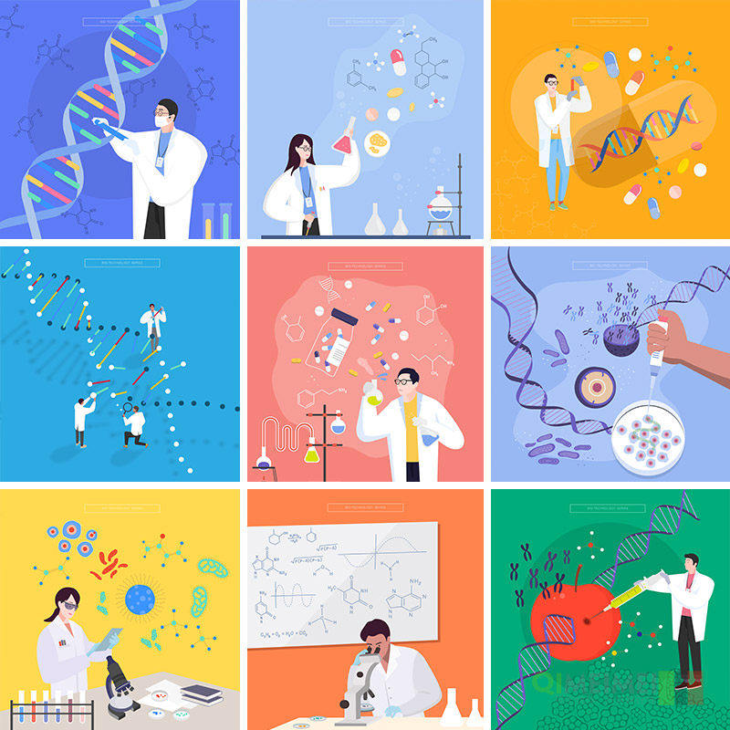 手绘卡通生物医疗健康基因科技研究场景插图ai矢量设计素材121103