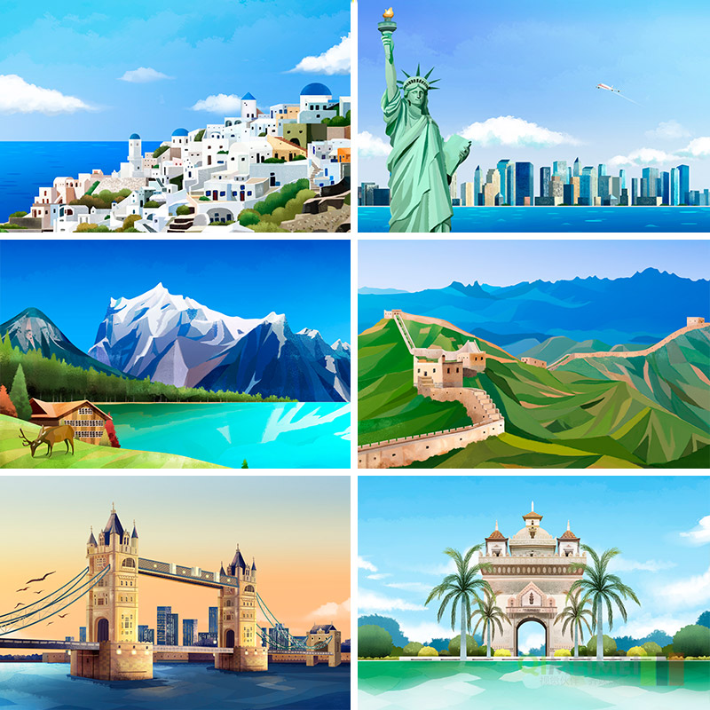 手绘世界著名旅游景点长城故宫场景插图海报PSD设计元素材911602