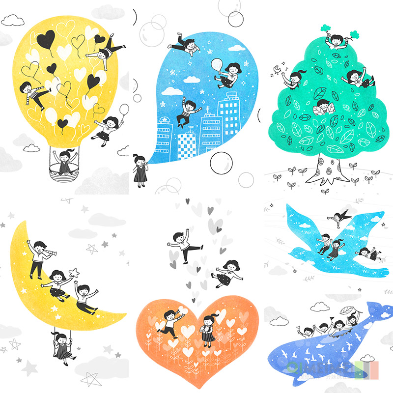 创意手绘卡通儿童热气球月亮树爱心海豚插图PSD设计元素材121012