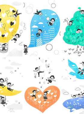 创意手绘卡通儿童热气球月亮树爱心海豚插图PSD设计元素材121012