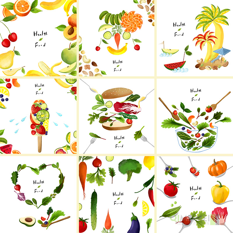手绘新鲜蔬菜水果冷饮汉堡沙拉美食插图海报psd设计元素材940908