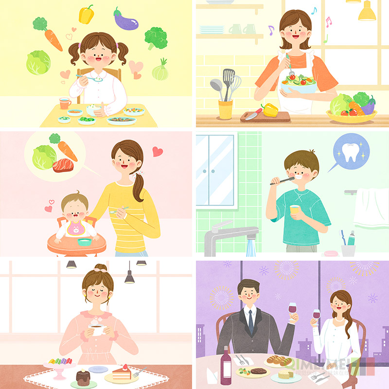 手绘餐饮美食家庭吃饭下午茶宵夜刷牙插图海报psd设计素材951615