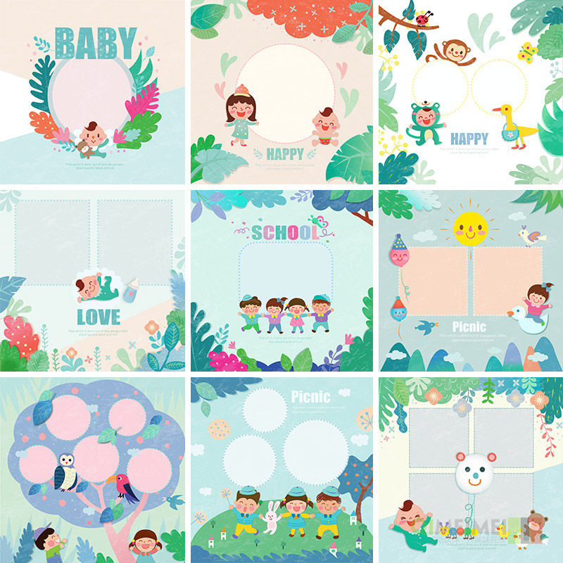 手绘卡通儿童宝宝相册照片排版海报背景ai矢量设计素材模板112105