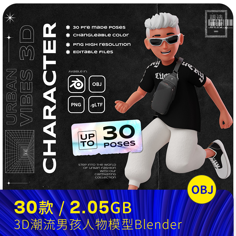 时尚潮流酷炫3D立体男孩人物街头服饰blender设计素材模型2413101