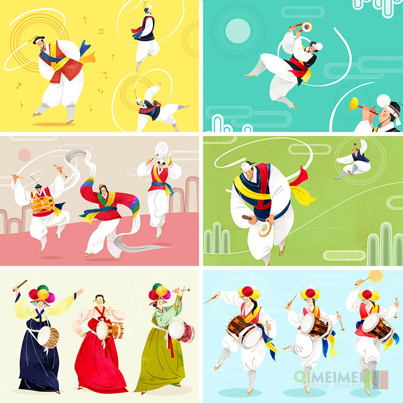 手绘韩国传统艺术音乐击鼓表演场景插图海报psd设计元素材120704
