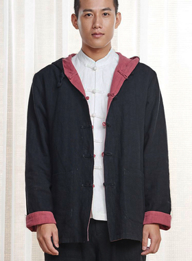 慈缘秋冬季男装外套双面穿唐装水洗加厚棉麻盘扣中式外套 60816