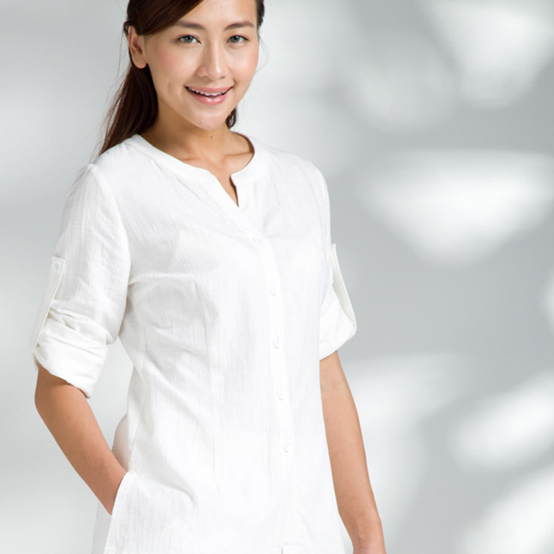 慈缘夏季季女士纯棉长袖上衣显瘦修身复古休闲禅修居士服衬衫茶服