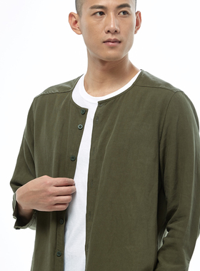 慈缘秋季男装衬衫原创中国风新中式上衣无领衬衣长袖外套60905