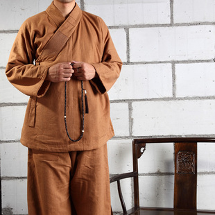 罗汉褂男 子两件套装 慈缘棉麻纯色休闲服加厚夹棉罗汉衫 斜襟上衣裤