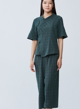 慈缘原创民族风五分袖格子棉麻夏季新中式女装31005   20718套装