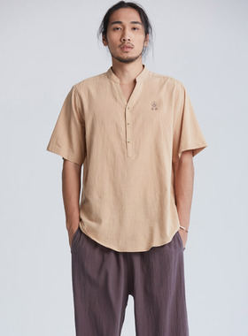 慈缘夏季薄款男装居士服原创2003新款V字领上衣YL115-542