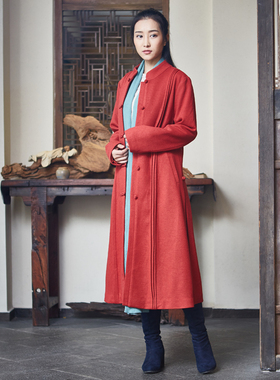 慈缘原创中国风毛呢中长款本命年红色外套秋冬装保暖大衣30598